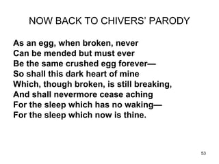 53
NOW BACK TO CHIVERS’ PARODY
As an egg, when broken, never
Can be mended but must ever
Be the same crushed egg forever—
So shall this dark heart of mine
Which, though broken, is still breaking,
And shall nevermore cease aching
For the sleep which has no waking—
For the sleep which now is thine.
 