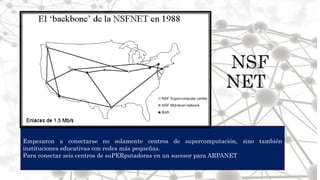 Empezaron a conectarse no solamente centros de supercomputación, sino también
instituciones educativas con redes más pequeñas.
Para conectar seis centros de suPERputadoras en un sucesor para ARPANET
 