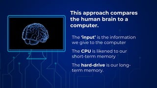 This approach compares
the human brain to a
computer.
The ‘input’ is the information
we give to the computer
The CPU is likened to our
short-term memory
The hard-drive is our long-
term memory.
 