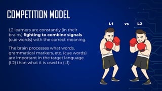 COMPETITION MODEL
L1 vs L2
L2 learners are constantly (in their
brains) fighting to combine signals
(cue words) with the correct meaning.
The brain processes what words,
grammatical markers, etc. (cue words)
are important in the target language
(L2) than what it is used to (L1).
 