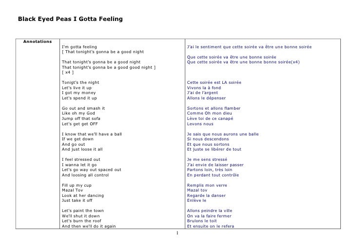 Paroles Black Eyed Peas I Gotta Feeling Colonnes