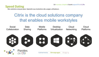 Un nouveau chapitre s’ouvre aujourd’hui à Lille

Speed Dating

Des solutions conçues pour répondre aux évolutions des usages utilisateurs.

Citrix is the cloud solutions company
that enables mobile workstyles
Social
Collaboration

Data
Sharing

Mobile
Platforms

Desktop
Virtualization

Cloud
Networking

Cloud
Platforms

 