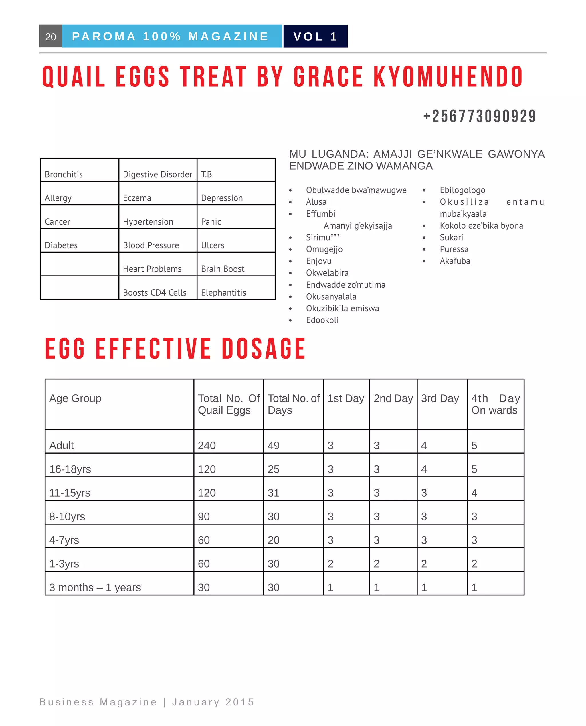 20 PA R O M A 1 0 0 % M A G A Z I N E
B u s i n e s s M a g a z i n e | J a n u a r y 2 0 1 5
V O L 1
Bronchitis Digestive Disorder T.B
Allergy Eczema Depression
Cancer Hypertension Panic
Diabetes Blood Pressure Ulcers
Heart Problems Brain Boost
Boosts CD4 Cells Elephantitis
MU LUGANDA: AMAJJI GE’NKWALE GAWONYA
ENDWADE ZINO WAMANGA
Age Group Total No. Of
Quail Eggs
Total No. of
Days
1st Day 2nd Day 3rd Day 4th Day
On wards
Adult 240 49 3 3 4 5
16-18yrs 120 25 3 3 4 5
11-15yrs 120 31 3 3 3 4
8-10yrs 90 30 3 3 3 3
4-7yrs 60 20 3 3 3 3
1-3yrs 60 30 2 2 2 2
3 months – 1 years 30 30 1 1 1 1
•	 Obulwadde bwa’mawugwe
•	 Alusa	
•	 Effumbi			
	 Amanyi g’ekyisajja
•	 Sirimu***
•	 Omugejjo
•	 Enjovu
•	 Okwelabira
•	 Endwadde zo’mutima
•	 Okusanyalala
•	 Okuzibikila emiswa
•	 Edookoli
•	 Ebilogologo
•	 O k u s i l i z a e n t a m u
muba’kyaala
•	 Kokolo eze’bika byona
•	 Sukari
•	 Puressa
•	 Akafuba
Quail eggs treat BY Grace Kyomuhendo
+256773090929
EGG EFFECTIVE DOSAGE
 