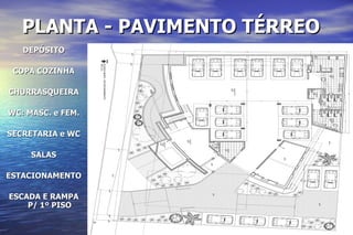 PLANTA - PAVIMENTO TÉRREO   DEPÓSITO COPA COZINHA CHURRASQUEIRA WC: MASC. e FEM. SECRETARIA e WC SALAS ESTACIONAMENTO ESCADA E RAMPA P/ 1º PISO 