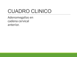 CUADRO CLINICO
Adenomegalias en
cadena cervical
anterior.
 