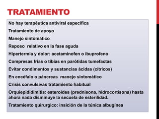 TRATAMIENTO
No hay terapéutica antiviral específica
Tratamiento de apoyo

Manejo sintomático
Reposo relativo en la fase aguda
Hipertermia y dolor: acetaminofen o ibuprofeno
Compresas frías o tibias en parótidas tumefactas
Evitar condimentos y sustancias ácidas (cítricos)
En encéfalo o páncreas manejo sintomático
Crisis convulsivas tratamiento habitual

Orquiepididimitis: esteroides (prednisona, hidrocortisona) hasta
ahora nada disminuye la secuela de esterilidad.
Tratamiento quirurgico: insición de la túnica albugínea

 