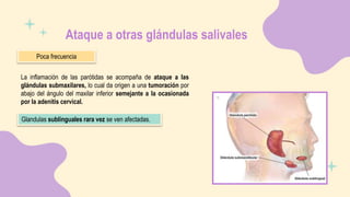 Ataque a otras glándulas salivales
Poca frecuencia
La inflamación de las parótidas se acompaña de ataque a las
glándulas submaxilares, lo cual da origen a una tumoración por
abajo del ángulo del maxilar inferior semejante a la ocasionada
por la adenitis cervical.
Glandulas sublinguales rara vez se ven afectadas.
 