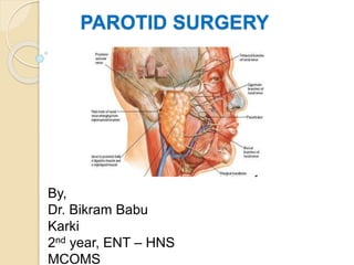 PAROTID SURGERY
By,
Dr. Bikram Babu
Karki
2nd year, ENT – HNS
MCOMS
 