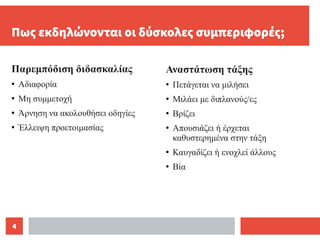 4
Πως εκδηλώνονται οι δύσκολες συμπεριφορές;
Παρεμπόδιση διδασκαλίας
●
Αδιαφορία
●
Μη συμμετοχή
●
Άρνηση να ακολουθήσει οδηγίες
●
Έλλειψη προετοιμασίας
Αναστάτωση τάξης
●
Πετάγεται να μιλήσει
●
Μιλάει με διπλανούς/ες
●
Βρίζει
●
Απουσιάζει ή έρχεται
καθυστερημένα στην τάξη
●
Καυγαδίζει ή ενοχλεί άλλους
●
Βία
 