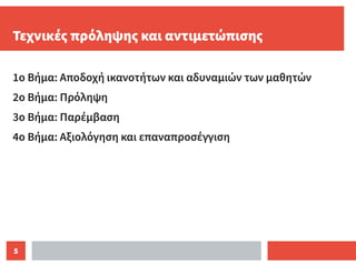 5
Τεχνικές πρόληψης και αντιμετώπισης
1ο Βήμα: Αποδοχή ικανοτήτων και αδυναμιών των μαθητών
2ο Βήμα: Πρόληψη
3ο Βήμα: Παρέμβαση
4ο Βήμα: Αξιολόγηση και επαναπροσέγγιση
 