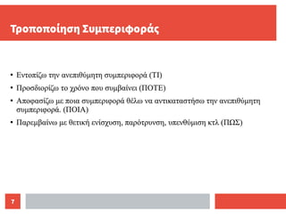 7
Τροποποίηση Συμπεριφοράς
●
Εντοπίζω την ανεπιθύμητη συμπεριφορά (ΤΙ)
●
Προσδιορίζω το χρόνο που συμβαίνει (ΠΟΤΕ)
●
Αποφασίζω με ποια συμπεριφορά θέλω να αντικαταστήσω την ανεπιθύμητη
συμπεριφορά. (ΠΟΙΑ)
●
Παρεμβαίνω με θετική ενίσχυση, παρότρυνση, υπενθύμιση κτλ (ΠΩΣ)
 