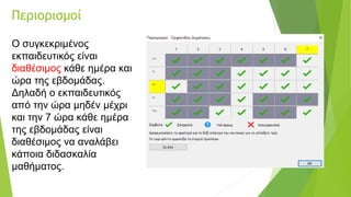 Περιορισμοί
Ο συγκεκριμένος
εκπαιδευτικός είναι
διαθέσιμος κάθε ημέρα και
ώρα της εβδομάδας.
Δηλαδή ο εκπαιδευτικός
από την ώρα μηδέν μέχρι
και την 7 ώρα κάθε ημέρα
της εβδομάδας είναι
διαθέσιμος να αναλάβει
κάποια διδασκαλία
μαθήματος.
 