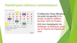 Παραδείγματα αλλαγών/τροποποιήσεων
Ο καθηγητής Γκίκας Αθανάσιος
στα μέσα της χρονιάς δε θα
μπορεί να έρχεται καθόλου
Δευτέρα, Τρίτη και Τετάρτη.
Από τους περιορισμούς του
αλλάζουμε τις διαθέσιμες μέρες
του σε Πέμπτη και Παρασκευή
μόνο.
 