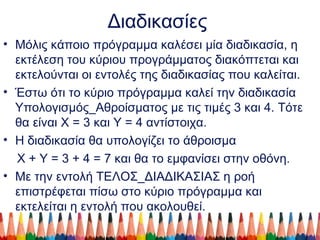 Διαδικασίες
• Μόλις κάποιο πρόγραμμα καλέσει μία διαδικασία, η
εκτέλεση του κύριου προγράμματος διακόπτεται και
εκτελούνται οι εντολές της διαδικασίας που καλείται.
• Έστω ότι το κύριο πρόγραμμα καλεί την διαδικασία
Υπολογισμός_Αθροίσματος με τις τιμές 3 και 4. Τότε
θα είναι X = 3 και Y = 4 αντίστοιχα.
• Η διαδικασία θα υπολογίζει το άθροισμα
Χ + Υ = 3 + 4 = 7 και θα το εμφανίσει στην οθόνη.
• Με την εντολή ΤΕΛΟΣ_ΔΙΑΔΙΚΑΣΙΑΣ η ροή
επιστρέφεται πίσω στο κύριο πρόγραμμα και
εκτελείται η εντολή που ακολουθεί.
 
