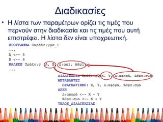 Διαδικασίες
• Η λίστα των παραμέτρων ορίζει τις τιμές που
περνούν στην διαδικασία και τις τιμές που αυτή
επιστρέφει. Η λίστα δεν είναι υποχρεωτική.
 
