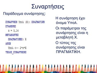 Συναρτήσεις
Παράδειγμα συνάρτησης:
Η συνάρτηση έχει
όνομα Υπολ.
Οι παράμετροι της
συνάρτησης είναι η
μεταβλητή Χ.
Ο τύπος της
συνάρτησης είναι
ΠΡΑΓΜΑΤΙΚΗ.
 