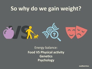 So why do we gain weight? 
Energy balance: 
Food VS Physical activity 
Genetics 
Psychology 
vs 
medNutrition 
 