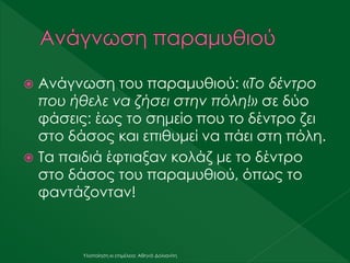  Ανάγνωση του παραμυθιού: «Το δέντρο
που ήθελε να ζήσει στην πόλη!» σε δύο
φάσεις: έως το σημείο που το δέντρο ζει
στο δάσος και επιθυμεί να πάει στη πόλη.
 Τα παιδιά έφτιαξαν κολάζ με το δέντρο
στο δάσος του παραμυθιού, όπως το
φαντάζονταν!
Υλοποίηση κι επιμέλεια: Αθηνά Δολιανίτη
 