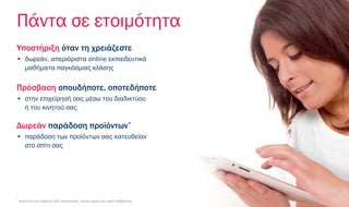 Πάντα σε ετοιμότητα
Υποστήριξη όταν τη χρειάζεστε
• δωρεάν, απεριόριστα online εκπαιδευτικά
μαθήματα παγκόσμιας κλάσης
Πρόσβαση οπουδήποτε, οποτεδήποτε
• στην επιχείρησή σας μέσω του διαδικτύου
ή του κινητού σας
Δωρεάν παράδοση προϊόντων*
• παράδοση των προϊόντων σας κατευθείαν
στο σπίτι σας
*
Απαιτείται μια ελάχιστη αξία παραγγελίας, αλλιώς ισχύει μια μικρή επιβάρυνση
 