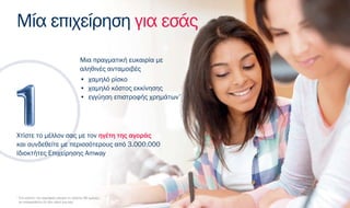 Μια πραγματική ευκαιρία με
αληθινές ανταμοιβές
• χαμηλό ρίσκο
• χαμηλό κόστος εκκίνησης
• εγγύηση επιστροφής χρημάτων*
Χτίστε το μέλλον σας με τον ηγέτη της αγοράς
και συνδεθείτε με περισσότερους από 3.000.000
Ιδιοκτήτες Επιχείρησης Amway
*
Στο κόστος της εγγραφής σαςγια τις πρώτες 90 ημέρες,
αν αποφασίσετε ότι δεν κάνει για σας
Μία επιχείρηση για εσάς
 