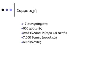 Συμμετοχή
17 συγκροτήματα
600 χορευτές
Από Ελλάδα, Κύπρο και Νεπάλ
7.000 θεατές (συνολικά)
60 εθελοντές
 