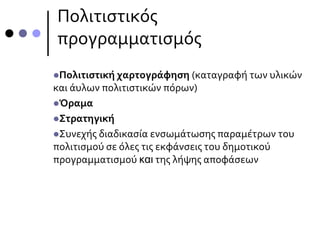 Πολιτιστικός
προγραμματισμός
Πολιτιστική χαρτογράφηση (καταγραφή των υλικών
και άυλων πολιτιστικών πόρων)
Όραμα
Στρατηγική
Συνεχής διαδικασία ενσωμάτωσης παραμέτρων του
πολιτισμού σε όλες τις εκφάνσεις του δημοτικού
προγραμματισμού και της λήψης αποφάσεων
 