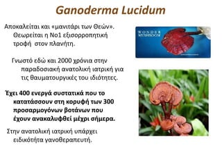 Ganoderma Lucidum
Αποκαλείται και «μανιτάρι των Θεών».
  Θεωρείται η Νο1 εξισορροπητική
  τροφή στον πλανήτη.

  Γνωστό εδώ και 2000 χρόνια στην
     παραδοσιακή ανατολική ιατρική για
     τις θαυματουργικές του ιδιότητες.

Έχει 400 ενεργά συστατικά που το
  κατατάσσουν στη κορυφή των 300
  προσαρμογόνων βοτάνων που
  έχουν ανακαλυφθεί μέχρι σήμερα.
Στην ανατολική ιατρική υπάρχει
  ειδικότήτα γανοθεραπευτή.
 