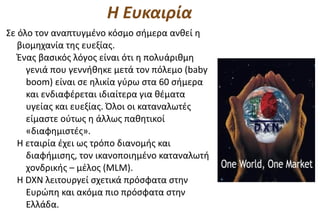 Η Ευκαιρία
Σε όλο τον αναπτυγμένο κόσμο σήμερα ανθεί η
   βιομηχανία της ευεξίας.
   Ένας βασικός λόγος είναι ότι η πολυάριθμη
     γενιά που γεννήθηκε μετά τον πόλεμο (baby
     boom) είναι σε ηλικία γύρω στα 60 σήμερα
     και ενδιαφέρεται ιδιαίτερα για θέματα
     υγείας και ευεξίας. Όλοι οι καταναλωτές
     είμαστε ούτως η άλλως παθητικοί
     «διαφημιστές».
   Η εταιρία έχει ως τρόπο διανομής και
     διαφήμισης, τον ικανοποιημένο καταναλωτή
     χονδρικής – μέλος (MLM).
   Η DXN λειτουργεί σχετικά πρόσφατα στην
     Ευρώπη και ακόμα πιο πρόσφατα στην
     Ελλάδα.
 