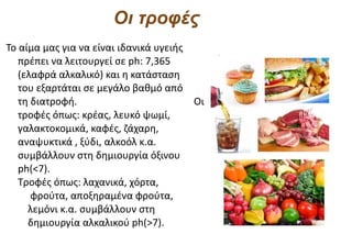 Οι τροφές
Το αίμα μας για να είναι ιδανικά υγειής
   πρέπει να λειτουργεί σε ph: 7,365
   (ελαφρά αλκαλικό) και η κατάσταση
   του εξαρτάται σε μεγάλο βαθμό από
   τη διατροφή.                         Οι
   τροφές όπως: κρέας, λευκό ψωμί,
   γαλακτοκομικά, καφές, ζάχαρη,
   αναψυκτικά , ξύδι, αλκοόλ κ.α.
   συμβάλλουν στη δημιουργία όξινου
   ph(<7).
   Τροφές όπως: λαχανικά, χόρτα,
      φρούτα, αποξηραμένα φρούτα,
     λεμόνι κ.α. συμβάλλουν στη
     δημιουργία αλκαλικού ph(>7).
 