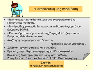 • «Σα 5 ηζηγάξα», εθπαηδεπηηθό ινγηζκηθό εγθεθξηκέλν από ην
Παηδαγσγηθό Ηλζηηηνύην.
• «Σζηγάξν; Δπραξηζηώ, δε ζα πάξσ», εθπαηδεπηηθό ινγηζκηθό ηνπ
ηδξύκαηνο ΘΩΡΑΞ.
• «Έλα ηζηγάξν ζην ζώκα», ηαηλία ηεο Όιγαο Μαιέα (ρνξεγία ηνπ
Ηδξύκαηνο Μειεηώλ Λακπξάθε).
• Αλαδήηεζε πιεξνθνξηώλ ζην δηαδίθηπν.
• εκνηηθνύ (Παλ/κην Θεζζαιίαο).
• ΢πδήηεζε, εξγαζίεο αηνκηθά θαη ζε νκάδεο.
• Δξγαζίεο ζηελ ηάμε θαη ζην εξγαζηήξην Ζ/Τ ηνπ ζρνιείνπ.
• Βησκαηηθέο δξαζηεξηόηεηεο ζηα καζήκαηα: Δπέιηθηε
Εώλε, Γιώζζα, Δηθαζηηθά, Μνπζηθή, Σ.Π.Δ., Θεαηξηθή Αγσγή.
Ζ εθπαηδεπηηθή καο παξέκβαζε
Σκοπόρ:
Ζ πξόιεςε ηνπ θαπλίζκαηνο 4
 