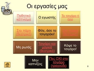 Οη εξγαζίεο καο
Παζεηηθό
θάπληζκα
Ο εγσηζηήο Σν ηζηγάξν ή
εγώ
΢ην πάξηη
(ζεαηξηθό)
Φίιε, άζε ην
ηζηγαξάθη!
΢ην πάξθν
(ζεαηξηθό)
Με ξσηάο
Σζηγάξν θαη
καγθηά
(ζεαηξηθό)
Κόςε ην
ηζηγάξν!
Μελ
θαπλίδεηο
Πεο ΟΥΗ ζην
ηζηγάξν
(ηξαγνύδη) 8
 