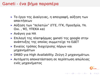 Ganeti - ένα βήμα παραπέρα


     Το έργο της Διαύγειας, η απογραφή, αύξηση των
     απαιτήσεων
     Αύξηση των ”πελατών” (ΓΓΕ, ΓΓΚ, Προεδρία, Υπ.
     Οικ. , ΨΣ, ΥΠΕΚΑ κα)
     Ανάγκη για HA
     Επιλογή της πλατφόρμας ganeti της google στην
     ανάπτυξης της οποίας συμμετείχε το ΕΔΕΤ
     Ενιαίος τρόπος διαχείρισης πόρων και
     μηχανημάτων
     DRBD για High Availability. Ζεύγη 2 μηχανημάτων.
     Αυτόματη αποκατάσταση σε περίπτωση απώλειας
     ενός μηχανήματος


                                    .   .   .   .    .   .
 