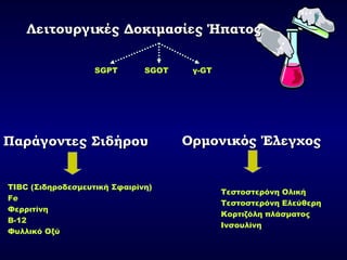 SGPT
TIBC (Σιδηροδεσμευτική Σφαιρίνη)
Fe
Φερριτίνη
Β-12
Φυλλικό Οξύ
Τεστοστερόνη Ολική
Τεστοστερόνη Ελεύθερη
Κορτιζόλη πλάσματος
Ινσουλίνη
Λειτουργικές Δοκιμασίες ΉπατοςΛειτουργικές Δοκιμασίες Ήπατος
SGOT γ-GT
ΠαράγοντεςΠαράγοντες ΣιδήρουΣιδήρου ΟρμονικόςΟρμονικός ΈλεγχοςΈλεγχος
 