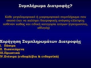 Συμπλήρωμα Διατροφής?Συμπλήρωμα Διατροφής?
Κάθε μεγαλομοριακό ή μικρομοριακό συμπλήρωμα πουΚάθε μεγαλομοριακό ή μικρομοριακό συμπλήρωμα που
σκοπό έχει να καλύψει διατροφικές ανάγκες-ελλείψειςσκοπό έχει να καλύψει διατροφικές ανάγκες-ελλείψεις
ασθενών καθώς και ειδική κατηγορία ατόμων (εγκυμοσύνη,ασθενών καθώς και ειδική κατηγορία ατόμων (εγκυμοσύνη,
αθλητές)αθλητές)
Χορήγηση Συμπληρωμάτων ΔιατροφήςΧορήγηση Συμπληρωμάτων Διατροφής
I.I. ΠόσιμαΠόσιμα
II.II. ΕισπνεόμεναΕισπνεόμενα
III.III.ΠρωκτικάΠρωκτικά
IV.IV.Ενέσιμα (ενδοφλέβια & ενδομυϊκά)Ενέσιμα (ενδοφλέβια & ενδομυϊκά)
 
