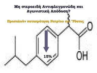 Μη στεροειδή Αντιφλεγμονώδη καιΜη στεροειδή Αντιφλεγμονώδη και
Αγωνιστική Απόδοση?Αγωνιστική Απόδοση?
15%15%
Προκαλούν κατακράτηση Νατρίου και ΎδατοςΠροκαλούν κατακράτηση Νατρίου και Ύδατος
 