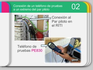 02 Conexión de un teléfono de pruebas a un extremo del par piloto Conexión al Par piloto en el RITI Teléfono de pruebas PE830 http://marismas-emtt.blogspot.com