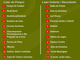1 2 3 4 Campo de Futebol 5 6 7 8 Skate Bowl Quadras polivalente Quadras de areia Circuito Aventura Churrasqueiras e Bar Projeção ao ar livre Churrasqueiras Fornos de Pizza 9 Mirante 10 Xadrez, dama e carteado 11 Casa do Tarzan e bonecas Lazer do Parque: 1 2 3 4 Salão de Festas 5 6 7 8 Sala de Ginástica Lan House Piscinas adulto e infantil Redário Salões de Jogos Solarium Espaço Creche 9 Sala de Ginástica 10 Tenda Massagem 11 E muito, muito mais.... Lazer Coberto / Descoberto 