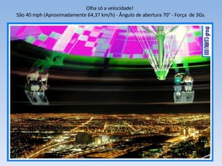 Olha só a velocidade!  São  40 mph (Aproximadamente 64,37 km/h) - Ângulo de abertura 70° - Força  de 3Gs. 
