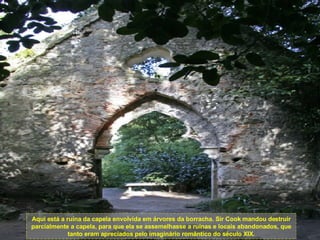 Aqui está a ruína da capela envolvida em árvores da borracha. Sir Cook mandou destruir parcialmente a capela, para que ela se assemelhasse a ruínas e locais abandonados, que tanto eram apreciados pelo imaginário romântico do século XIX. 