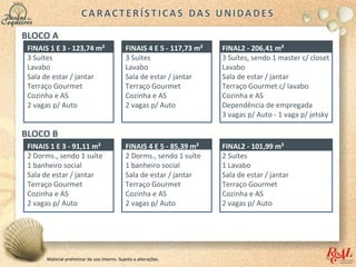 BLOCO A
 FINAIS 1 E 3 - 123,74 m²                     FINAIS 4 E 5 - 117,73 m²   FINAL2 - 206,41 m²
 3 Suítes                                     3 Suítes                   3 Suítes, sendo 1 master c/ closet
 Lavabo                                       Lavabo                     Lavabo
 Sala de estar / jantar                       Sala de estar / jantar     Sala de estar / jantar
 Terraço Gourmet                              Terraço Gourmet            Terraço Gourmet c/ lavabo
 Cozinha e AS                                 Cozinha e AS               Cozinha e AS
 2 vagas p/ Auto                              2 vagas p/ Auto            Dependência de empregada
                                                                         3 vagas p/ Auto - 1 vaga p/ jetsky

BLOCO B
 FINAIS 1 E 3 - 91,11 m²                      FINAIS 4 E 5 - 85,39 m²    FINAL2 - 101,99 m²
 2 Dorms., sendo 1 suíte                      2 Dorms., sendo 1 suíte    2 Suítes
 1 banheiro social                            1 banheiro social          1 Lavabo
 Sala de estar / jantar                       Sala de estar / jantar     Sala de estar / jantar
 Terraço Gourmet                              Terraço Gourmet            Terraço Gourmet
 Cozinha e AS                                 Cozinha e AS               Cozinha e AS
 2 vagas p/ Auto                              2 vagas p/ Auto            2 vagas p/ Auto




       Material preliminar de uso interno. Sujeito a alterações.
 