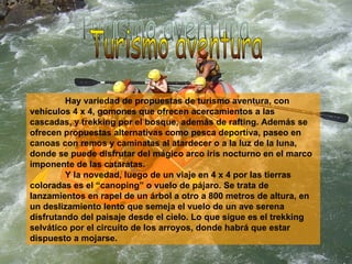 Hay variedad de propuestas de turismo aventura, con vehículos 4 x 4, gomones que ofrecen acercamientos a las cascadas, y trekking por el bosque, además de rafting. Además se ofrecen propuestas alternativas como pesca deportiva, paseo en canoas con remos y caminatas al atardecer o a la luz de la luna, donde se puede disfrutar del mágico arco iris nocturno en el marco imponente de las cataratas. Y la novedad, luego de un viaje en 4 x 4 por las tierras coloradas es el “canoping” o vuelo de pájaro. Se trata de lanzamientos en rapel de un árbol a otro a 800 metros de altura, en un deslizamiento lento que semeja el vuelo de un ave serena disfrutando del paisaje desde el cielo. Lo que sigue es el trekking selvático por el circuito de los arroyos, donde habrá que estar dispuesto a mojarse.  Turismo aventura 