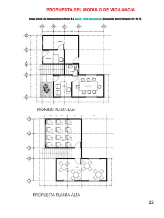 22
PROPUESTA DEL MODULO DE VIGILANCIA
Apoyo Social a La ComunidadparaMéxico A.C. apscm_2006@hotmail.com Delegación Alvaro Obregón52 57 42 26
 