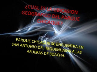 ¿CUAL ES LA UBICASION GEOGRAFICO DEL PARQUE CHICAQUE? RTA//: EL  PARQUE CHICAQUE SE ENCUENTRA EN SAN ANTONIO DEL TEQUENDAMA A LAS AFUERAS DE SOACHA. 