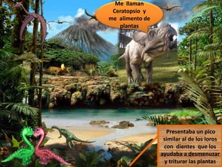 Me llaman
Ceratopsio y
me alimento de
plantas
Presentaba un pico
similar al de los loros
con dientes que los
ayudaba a desmenuzar
y triturar las plantas
 