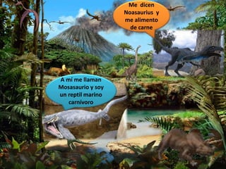 Me dicen
Noasaurius y
me alimento
de carne
A mí me llaman
Mosasaurio y soy
un reptil marino
carnívoro
 
