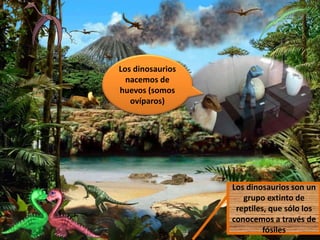 Los dinosaurios
nacemos de
huevos (somos
ovíparos)
Los dinosaurios son un
grupo extinto de
reptiles, que sólo los
conocemos a través de
fósiles
 