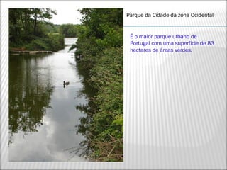 Parque da Cidade da zona Ocidental


 É o maior parque urbano de
 Portugal com uma superfície de 83
 hectares de áreas verdes.
 