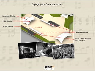 Camarins e Técnica Palco Gigante Apoio e Camarotes Via de Acesso Exclusivo Infra-estrutura 60.000 Pessoas Espaço para Grandes Shows 