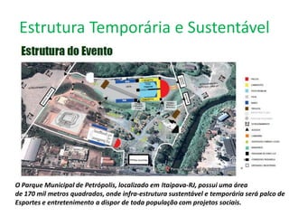Estrutura Temporária e Sustentável
O Parque Municipal de Petrópolis, localizado em Itaipava-RJ, possui uma área
de 170 mil metros quadrados, onde infra-estrutura sustentável e temporária será palco de
Esportes e entretenimento a dispor de toda população com projetos sociais.
 