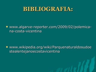BIBLIOGRAFIA: www.algarve-reporter.com/2009/02/polemica-na-costa-vicentina www.wikipedia.org/wiki/Parquenaturaldosudoestealentejanoecostavicentina 